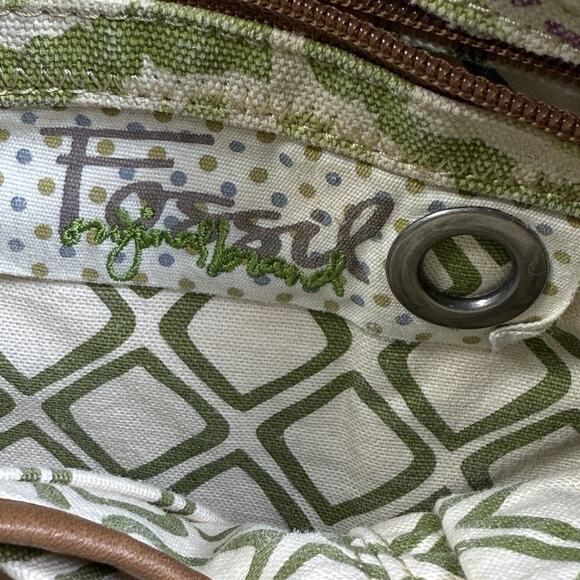 Fossil Crossbody Boho Purse Canvas Leather Trim Weekender Bag Green Floral Brass - Picture 3 of 12